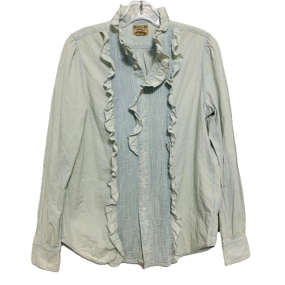 Vintage Polo Ralph Lauren Shirt Women Size 6 Light Blue Button Up Ruched Grunge - Picture 2 of 7